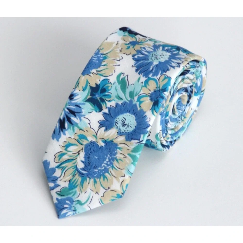 Floral‎ Necktie Tie cotton Men's Necktie Skinny Blue Beige 2.5
